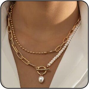 Layered Gold Necklace for Women Non Tarnish Paperclip Pearl Pendant Jewelry Set